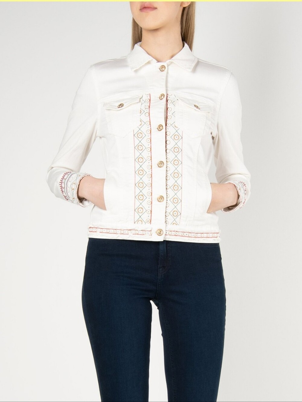 Desigual White Embroidered Jean Jacket with Gold Buttons